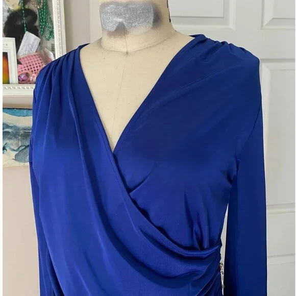 CARMEN Marc Valvo INDIGO Slinky Ruched Zip Side Mock Wrap Blouse Shirt *SMALL* - Picture 2 of 6